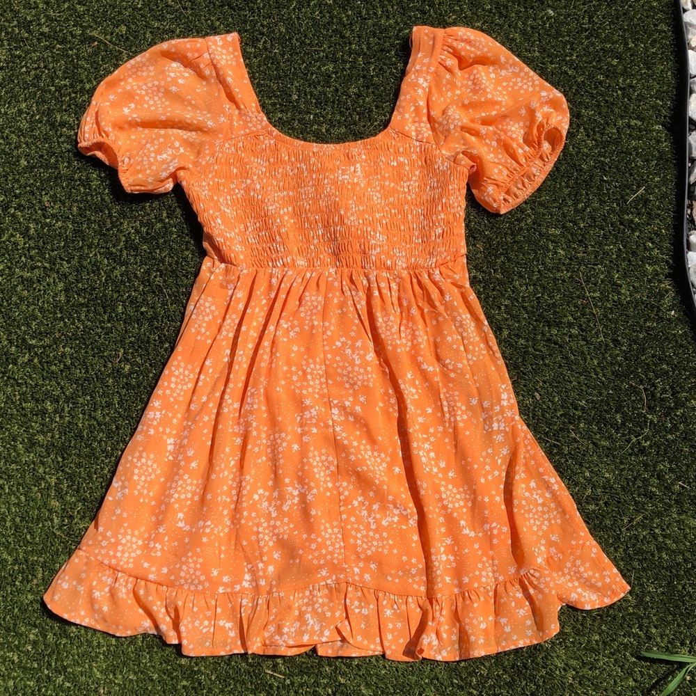 Sienna Sky Orange Floral Tie-Front Puff Sleeve Dress - Picture 2 of 4